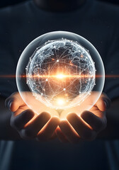 Glowing Energy Sphere in Hands, Global Network Concept