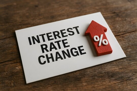 Interest rate change on a paper board over a wooden table for the concept of economics.