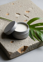 Gray Compact Balm on Grainy Stone Slab with Green Leaf