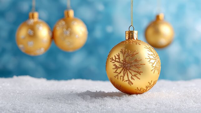 Gold ornament with snowflakes is hanging from a blue background. The snowflakes on the ornament give the impression of a winter scene - Powered by Adobe
