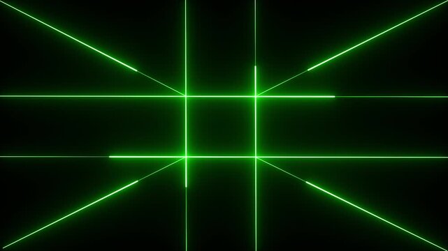 Bright radial light beams. Abstract background in green neon glow color. Abstract rays technology glowing retro background.