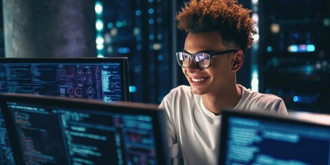Young programmer smiling while coding at night