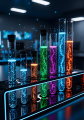 Glowing Particles in Test Tubes Dark Futuristic Clinical Research