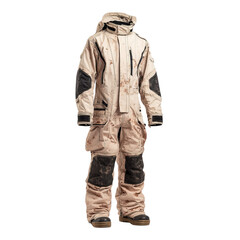 Fototapeta premium Png of front view of a beige and black hooded camouflage flight suit isolated on transparent background, featuring a modern design