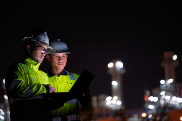 Industrial engineer night inspection at refinery or petrochemical plant walkie-talkie hand and digital tablet intersection of technology, worker work at night at power plant