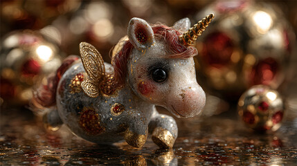 Unicorn Flying Past Golden Christmas Bell – Luxurious Fantasy Holiday Illustration