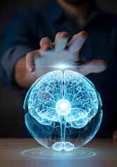 Hand Interacting with a Glowing Digital Brain Globe