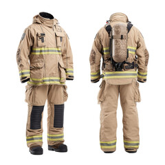 Fototapeta premium Png of front and back view of a firefighter uniform isolated on transparent background, showcasing the complete protective ensemble