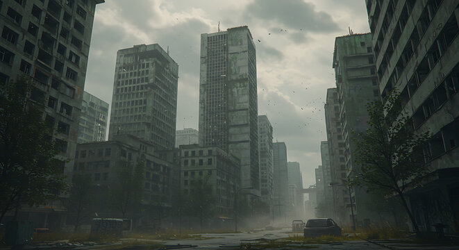 Post-Apocalyptic Urban Landscape with Ruined Buildings