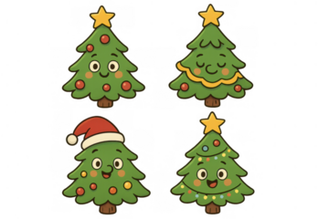 Cute christmas tree characters with star, baubles, santa hat, and lights, celebrating holiday season