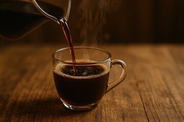In a cozy setting, coffee is being poured from a carafe into a clear glass cup, creating steam. The wooden table adds a warm touch to this relaxing morning moment