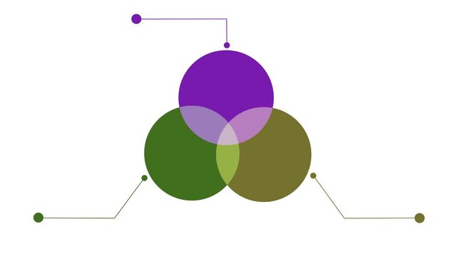 Diagram and callout sign animated on black background. Abstract 3 step ven diagram with callout symbol animation. 4k video	