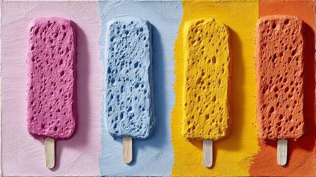 Four ice cream sticks with different colors and textures. The ice cream sticks are painted with different colors and textures, and they are arranged in a row. Concept of creativity and playfulness