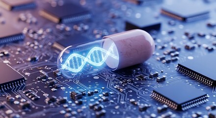 Advanced capsule pill with dna helix inside placed on a circuit board, illustrating the idea of genetic engineering and modern medicine