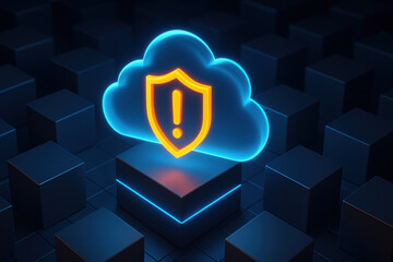Cloud security alert concept with glowing shield symbol for data protection. serious cybersecurity threat warning over digital network, showcasing advanced technology for safety