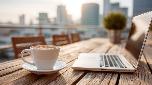 Modern workspace on outdoor city balcony with laptop coffee cup and potted plant overlooking urban skyline du sunset for remote work or relaxation