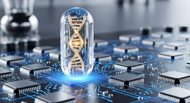 Futuristic concept featuring a dna strand encapsulated in a capsule, resting on a complex circuit board, symbolizing advanced genetic engineering and technology