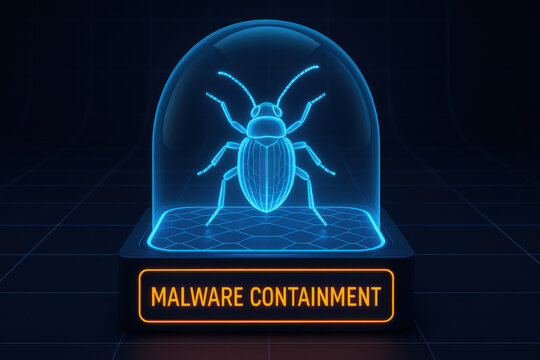 Malware containment showing cyber bug threat. digital virus trapped within futuristic glowing dome, tense symbol of successful security, protection, and isolation