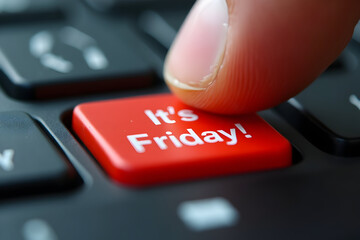 Red keyboard key with words “It’s Friday!” pressed by finger, Happy Friday excitement