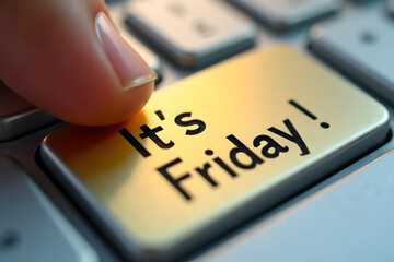 Bright yellow keyboard button “It’s Friday!” glowing under finger, Happy Friday light concept