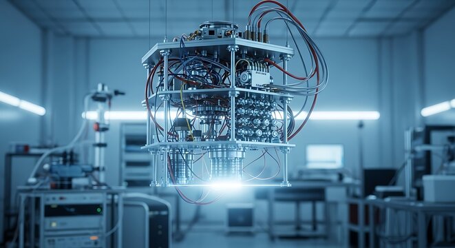 A quantum computer in a hightech laboratory, showcasing the forefront of technological advancement and scientific exploration in a sterile environment