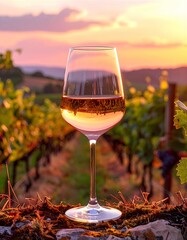 Fototapeta premium Ein einzelnes Glas Weißwein steht auf einer Moosbedeckten Mauer inmitten von Weinreben.