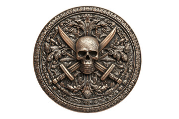 Fototapeta premium Ornate bronze pirate medallion with skull and swords for themed decor or costume design