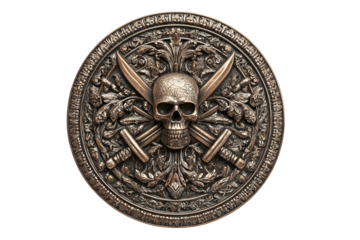 Ornate bronze pirate medallion with skull and swords for themed decor or costume design