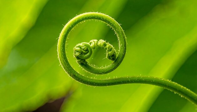 Captivating close-up of a vibrant green fern frond unfurling in a perfect spiral, symbolizing new beginnings and natural growth amidst a lush, blurred botanical background