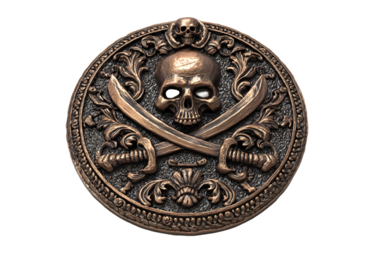 Intricate bronze pirate medallion with skull and crossed swords for nautical decoration