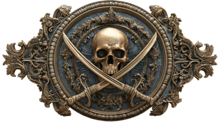 Ancient pirate emblem with intricate golden skull and crossed swords design