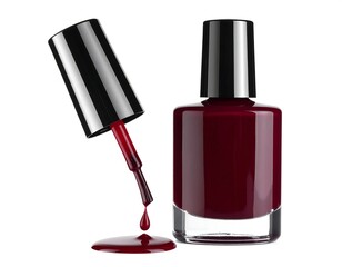 Obraz premium Close up of a deep red nail polish bottle with the cap off and brush dripping onto a puddle of polish
