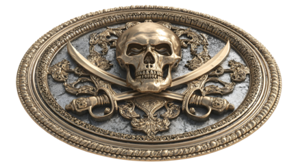 Ancient pirate emblem with golden skull and crossed swords - vintage nautical design