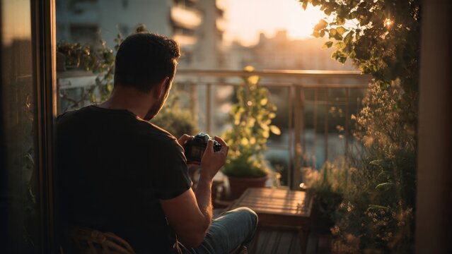 Photographer reviewing photos on camera balcony digital photography golden hour light relaxed environment capturing moments