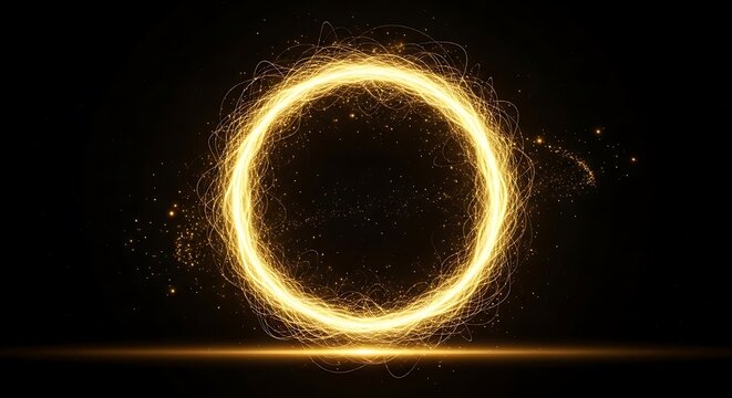 Glowing Golden Ring of Light Particles and Streaks on Black Background Keywords: light, energy, glow, glowing, ring, circle, round, golden, yellow