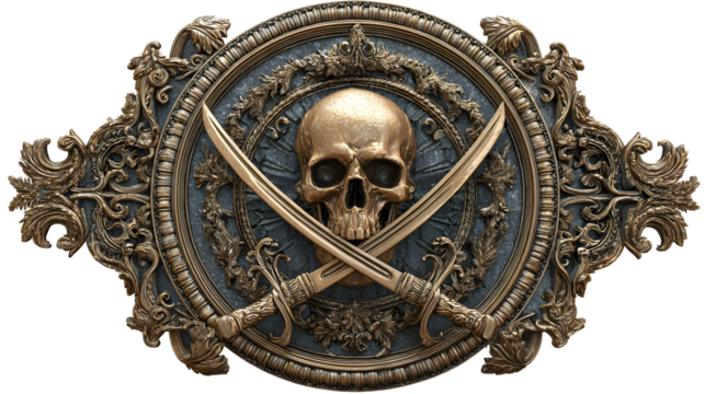 Ancient pirate emblem with intricate golden skull and crossed swords design