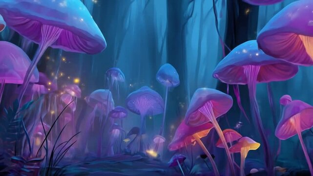 Bioluminescent forest glows with purple-pink mushrooms casting cyan light along a misty path. Night!