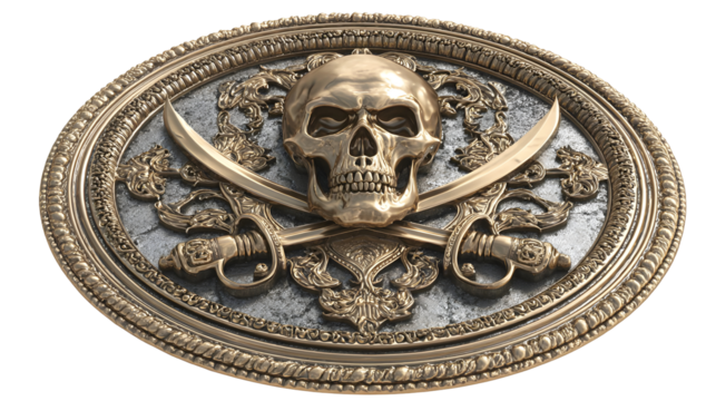 Ancient pirate emblem with golden skull and crossed swords - vintage nautical design