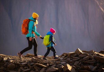 Mother and Child Hiking Together on a Rocky Mountain Trail.