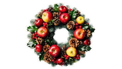 A festive wreath with red apples pine cones holly berries and evergreen branches on a black background
