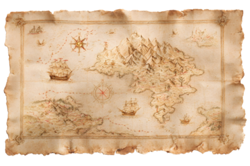 Ancient treasure map on aged parchment featuring nautical ships and compass design