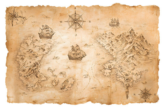 Ancient treasure map on aged parchment with sailing ships and compass rose