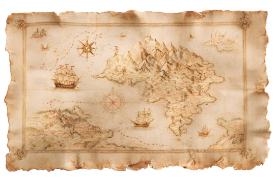 Ancient treasure map on aged parchment featuring nautical ships and compass design