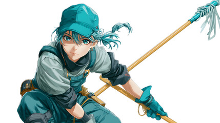 Confident anime character with broomstick in action pose