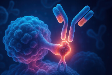 Molecular immunology depiction of therapeutic antibody targeting cell receptor. This glowing scientific visual shows oncology science with hope for new treatment