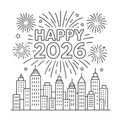 vector illustration of a vibrant city skyline featuring modern buildings in the city, Celebratory Fireworks and Stars for New Year