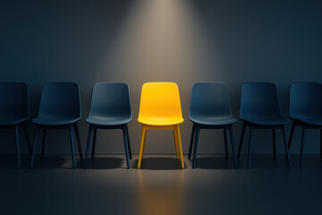 One yellow chair under bright spotlight among row of blue chairs. modern minimalist concept for talent selection, leadership, and having unique opportunity