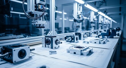 Automated production line in a modern factory, showcasing precision engineering and advanced technology in manufacturing process