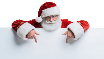 Santa claus pointing down at a blank white sign with a red suit and hat on a black background