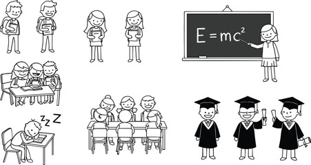 Diverse students and teacher in classroom scenes with graduation and learning activities school education